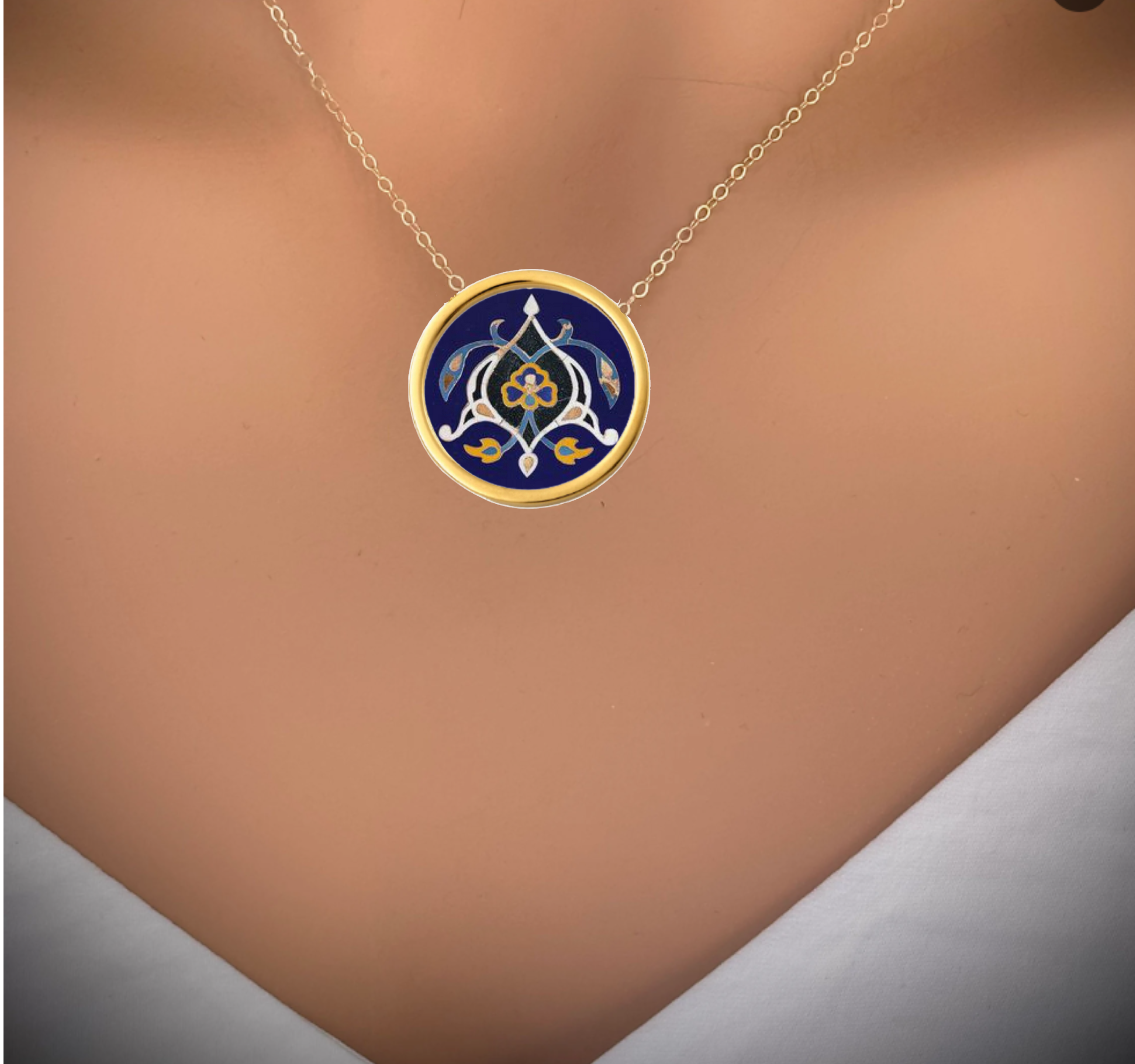 Handmade Solid Gold Necklace, Pendant Necklace with Persian Tiles Art-Inspired Design - Floral Luxury Pendant Jewelry