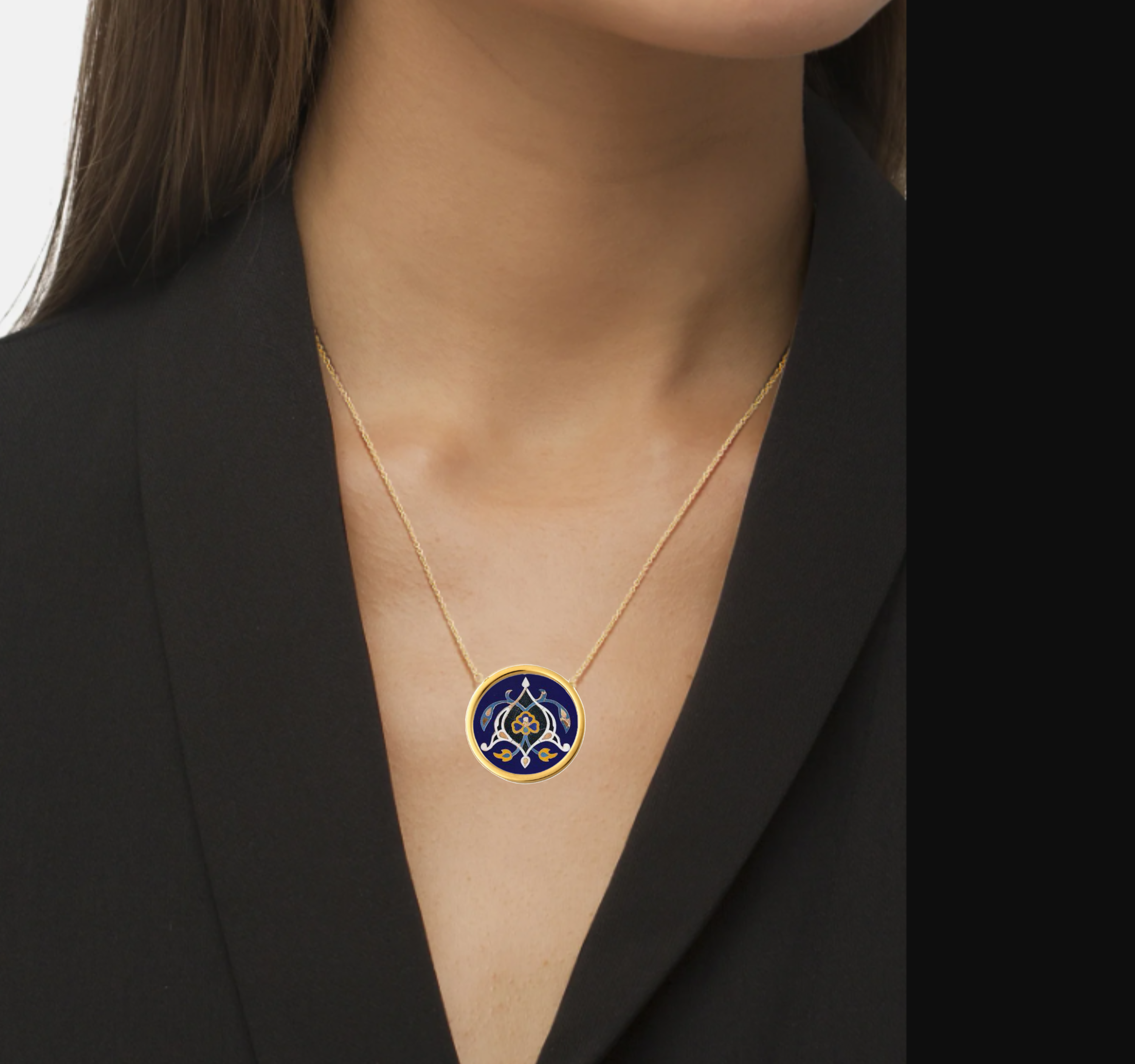 Handmade Solid Gold Necklace, Pendant Necklace with Persian Tiles Art-Inspired Design - Floral Luxury Pendant Jewelry