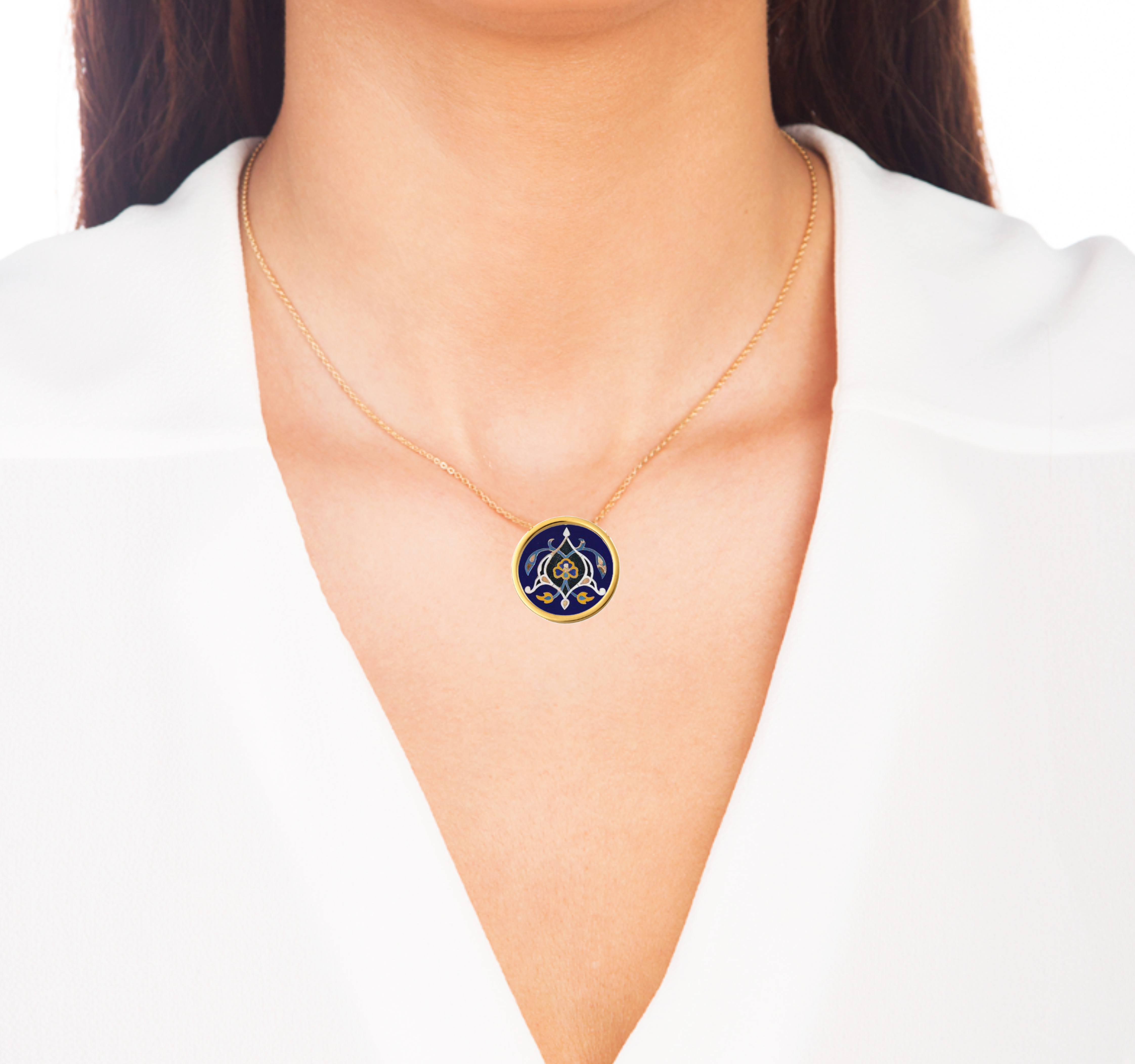 Handmade Solid Gold Necklace, Pendant Necklace with Persian Tiles Art-Inspired Design - Floral Luxury Pendant Jewelry