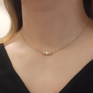 Handmade 14k Solid Gold Short Necklace | Dainty Gold Bead Necklace with Pearl | Bridesmaid, Birthday, Christmas Gift