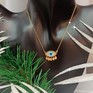 18K Solid Gold Evil Eye Necklace, Dainty Charm Pendant