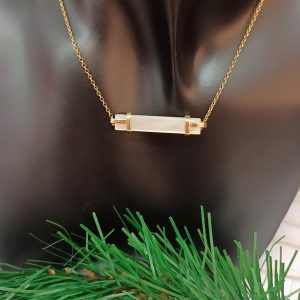 14k Solid Gold Mother of Pearl Bar Necklace, Geometric Shell Pendant