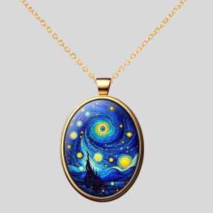Handmade Evil Eye Necklace 14K Solid Gold, Artistic Luxury Evil Eye Hidden in Van Gogh Inspired design, Hidden Evil Eye 14K Gold Pendant