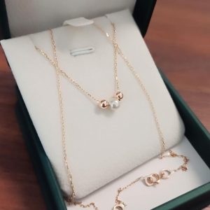 Handmade 18k Solid Gold Necklace, Dainty Gold Bead Necklace with Pearl, Handmade Jewelry