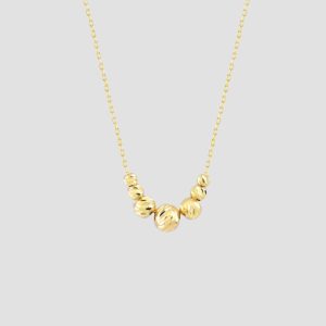 14k Solid Gold Ball Beads Necklace, Handmade Minimalist Dainty Seven Ball Diamond-Cut Bead Station Necklace