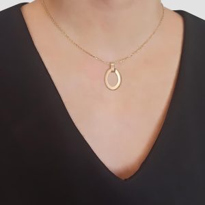 Handmade 18k Solid Gold Necklace, Oval Pendant Necklace, Gold Geometric Pendant Necklace, Handmade Jewelry