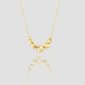 14k Solid Gold Ball Beads Necklace, Handmade Minimalist Dainty Seven Ball Diamond-Cut Bead Station Necklace