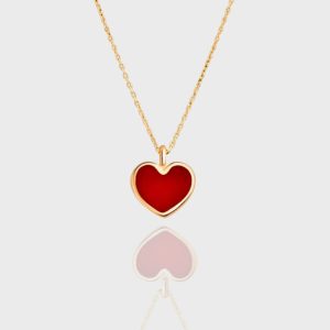 Handmade Solid Gold Heart Necklace, 14k Gold Dainty Red Heart Pendant | Valentine's Gift for Her