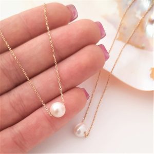 14k Solid Gold Pearl Necklace, Handmade Dainty Gold Necklace with Pearl, Floating Pearl Chain Necklace