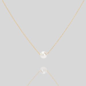 14k Solid Gold Pearl Necklace, Handmade Dainty Gold Necklace with Pearl, Floating Pearl Chain Necklace