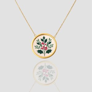 18K Solid Gold December Birth Flower Necklace, Gold Christmas Pendant, Personalized December Holly, December Flower, Christmas Gift for Her