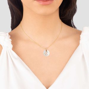 Solid Gold Initial Letter Necklace, Handmade 18K Letter E Necklace, Personalized Necklace with Shell Pendant