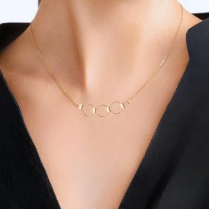 14K Solid Gold Hoop Necklace, Triple Hoop Charm Necklace, Handmade Dainty 3 Ring Linked Hoop Necklace, Circle Chain Necklace, Hoop Earrings