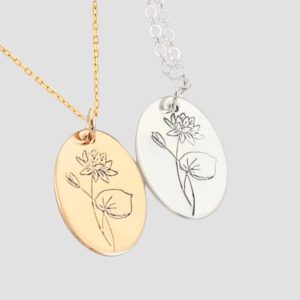 18k Solid Gold Birth Flower Necklace, Personalized Custom Necklace, Handmade Birthday Gift, July Birth Flower, Water Lily Necklace