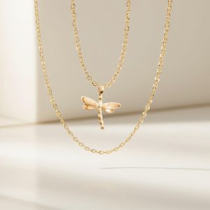 Handmade Dragonfly Necklace, Solid Gold Minimalist Bug Pendant, Birthday and Christmas Gift for Her