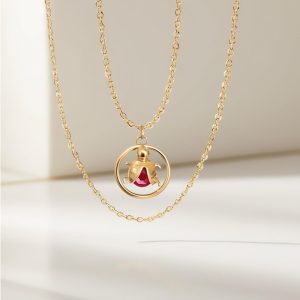 18k Solid Gold Ladybug Necklace, Handmade Bug Pendant Necklace, Circle Karma Gold Bug Necklace, Handmade Nature Inspired Jewelry
