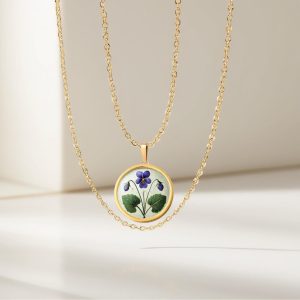 18K Solid Gold February Birth Flower Necklace, Personalized February Violet Flower, Handmade Jewelry, February Birthday Gift