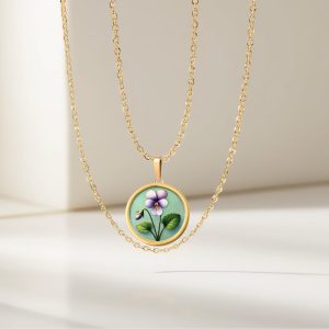 18K Solid Gold February Birth Flower Necklace, Personalized February Violet Flower, Handmade Jewelry, February Birthday Gift