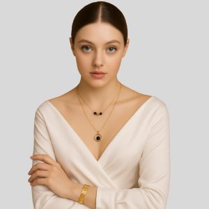 Handmade 18k Solid Gold Hematite Circle Necklace, Karma Pendant