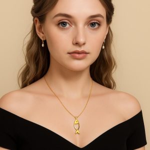 18K Solid Gold Fish Necklace, Handmade Minimalist Pendant