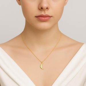 18k Solid Gold Moon Necklace, Dainty Crescent Pendant