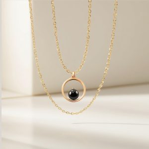 Handmade 18k Solid Gold Hematite Circle Necklace, Karma Pendant