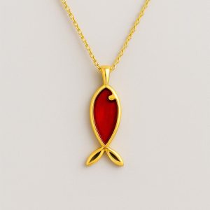 14K Solid Gold Fish Necklace, Handmade Red Enamel Pendant
