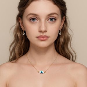 Handmade 14K Solid Gold Evil Eye Necklace, Dodger Blue