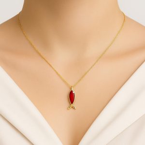 14K Solid Gold Fish Necklace, Handmade Red Enamel Pendant