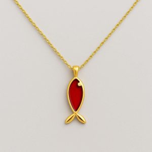 Handmade 18K Solid Gold Fish Pendant Necklace, Red Enamel