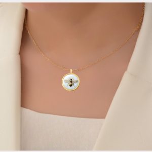 18k Solid Gold Bee Necklace, Bug Necklace, Handmade Jewelry, Honeybee Solid Gold Pendant