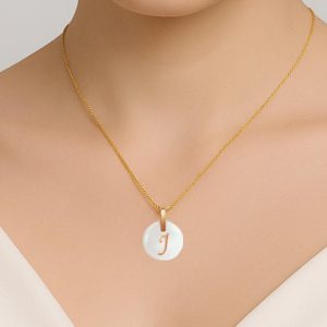 18k Solid Gold Initial Necklace, Shell Letter Pendant, Handmade Jewelry