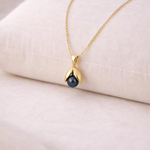 18K Solid Gold Bloom Necklace: Flower hematite Pendant, Handmade Minimalist Jewelry