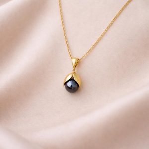 18K Solid Gold Bloom Necklace: Flower hematite Pendant, Handmade Minimalist Jewelry