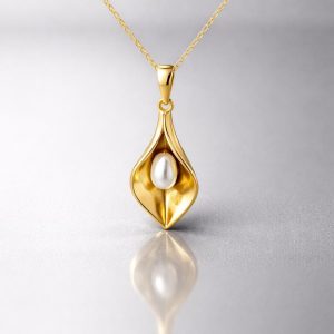 18K Solid Gold Calla Lily Necklace, Freshwater Pearl Pendant, Handmade Lily Flower
