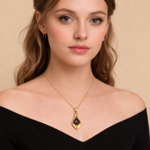 18K Solid Gold Calla Lily Necklace: Hematite Stone Pendant