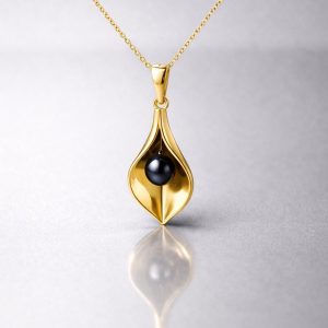 18K Solid Gold Calla Lily Necklace: Hematite Stone Pendant