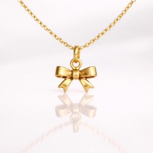 18k Solid Gold Bow Pendant Necklace, Minimalist Dainty Charm, Fine Jewelry Symbol Love