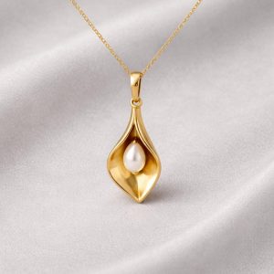 14k Solid Gold Calla Lily Pearl Necklace: Handmade Minimalist Pendant, Flower Pendant
