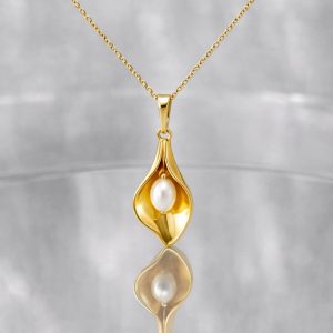 14k Solid Gold Calla Lily Pearl Necklace: Handmade Minimalist Pendant, Flower Pendant