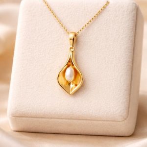 18K Solid Gold Calla Lily Necklace, Freshwater Pearl Pendant, Handmade Lily Flower