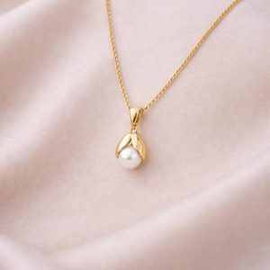 18K Solid Gold Bloom Pearl Pendant: Handmade Flower Leaf Necklace